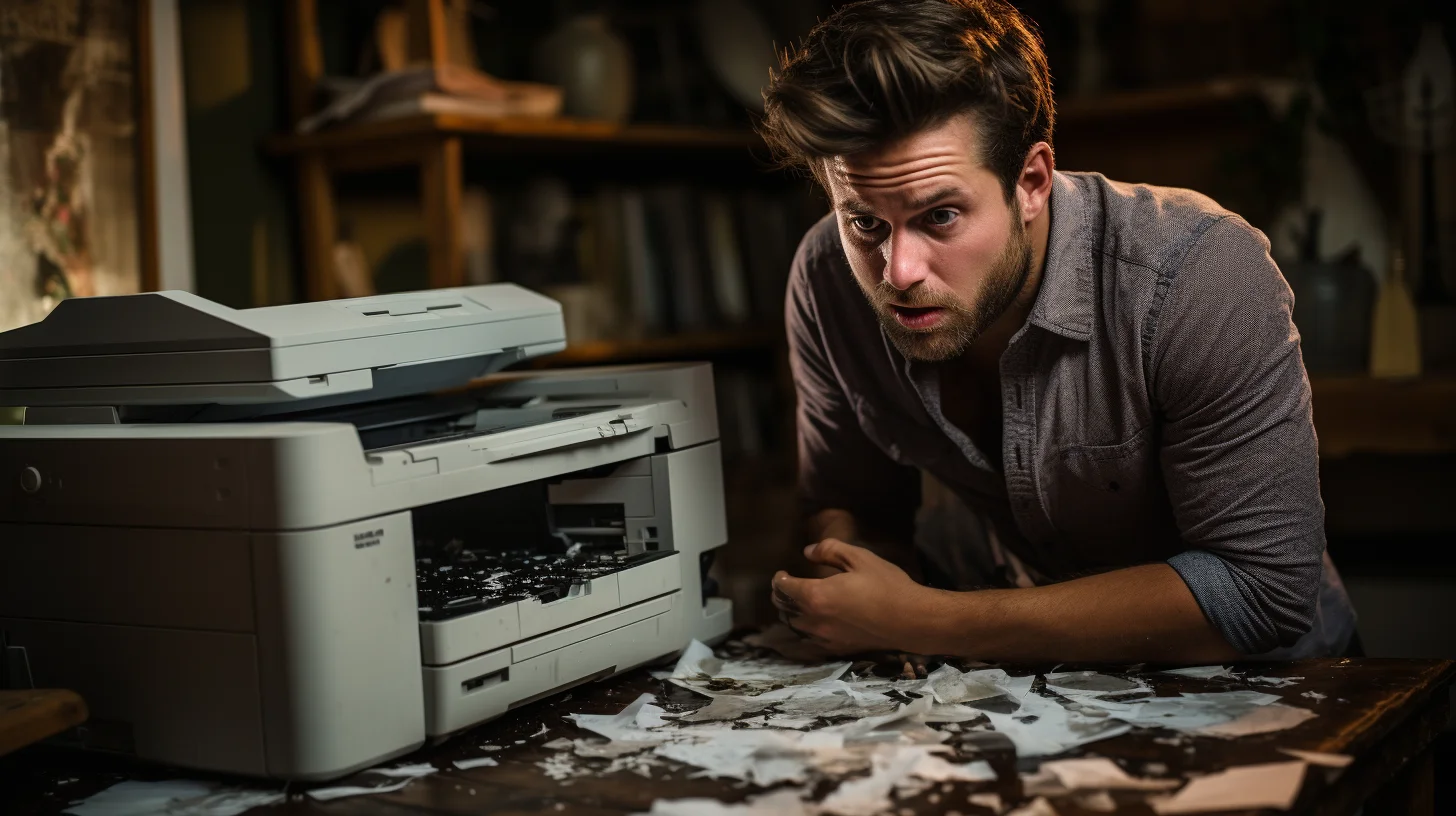 Een gefrustreerde man naast een printer
