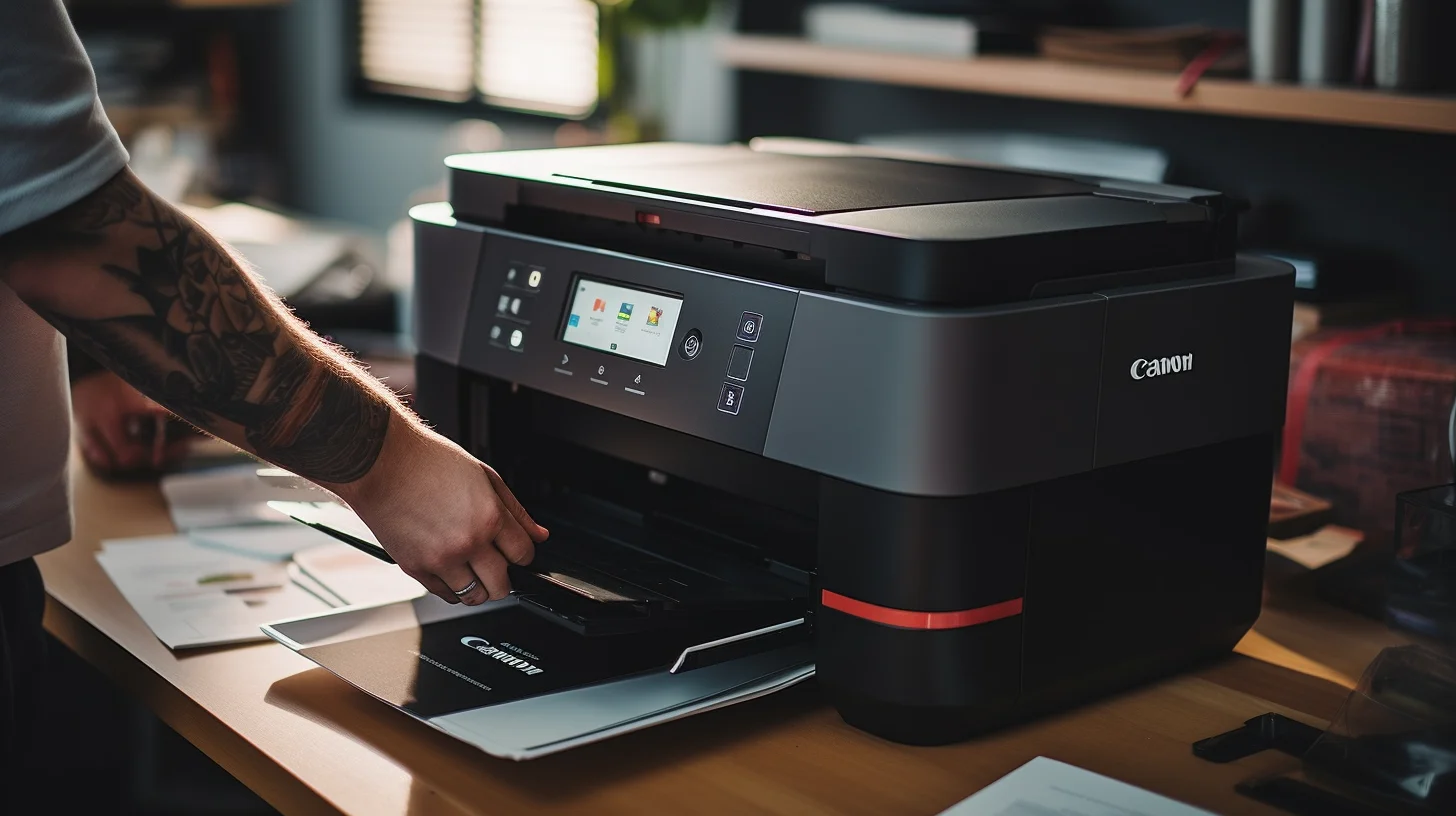 Een hand zit aan een printer op een bureau.