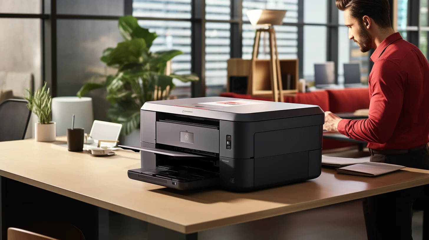Een printer op een bureau met daarachter een persoon