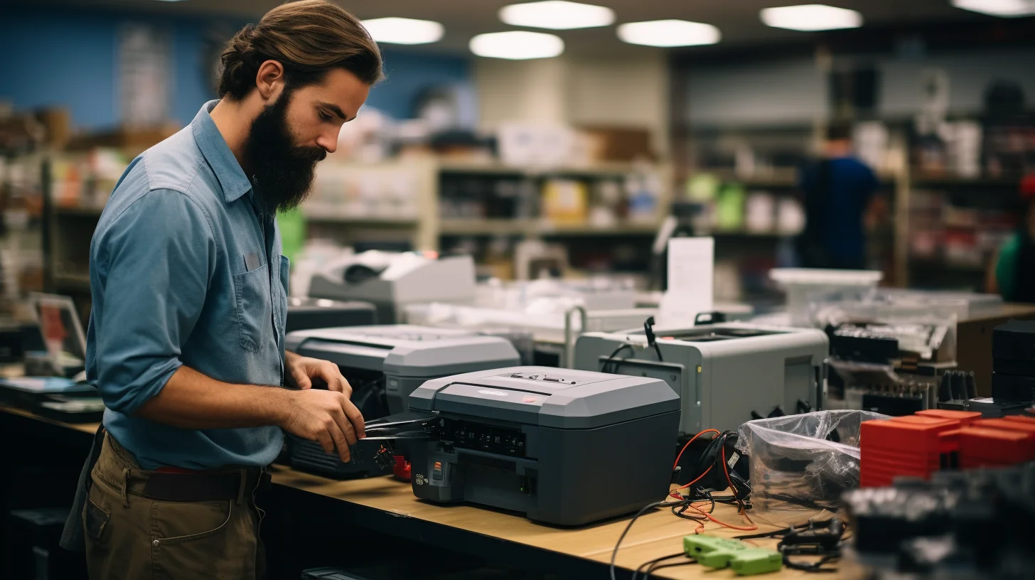 Een monteur die bezig is met de reparatie van een printer