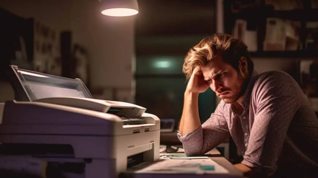 Een man die gefrustreerd naar zijn printer kijkt