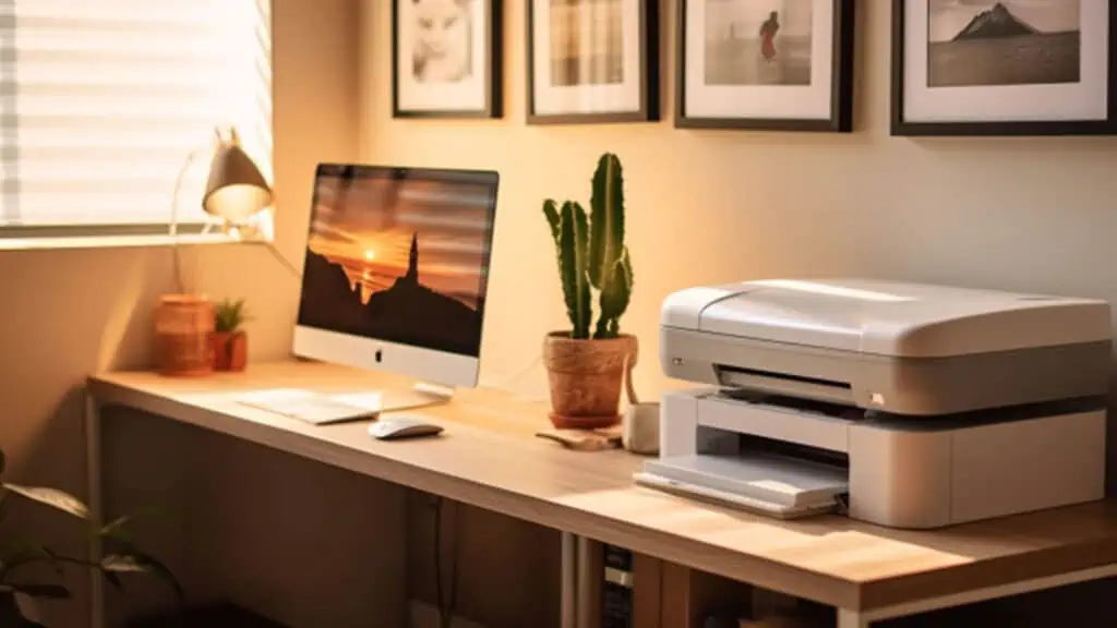 Een Mac en een printer in een thuiskantoor