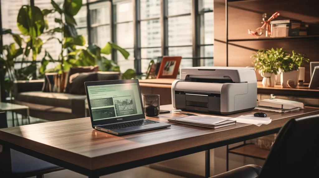 Een kantoorruimte met laptop en printer