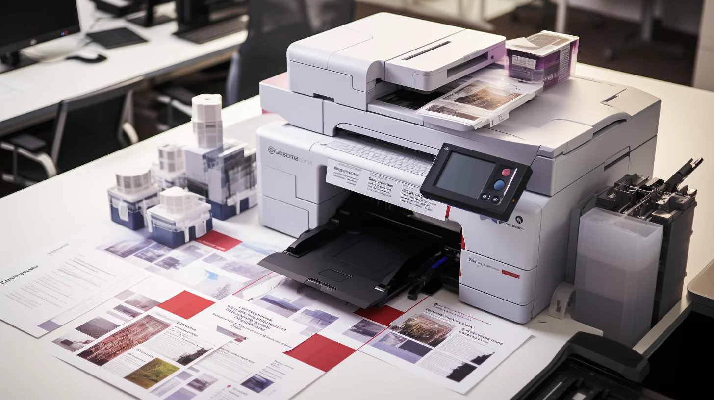 Een printer met diverse papieren eromheen