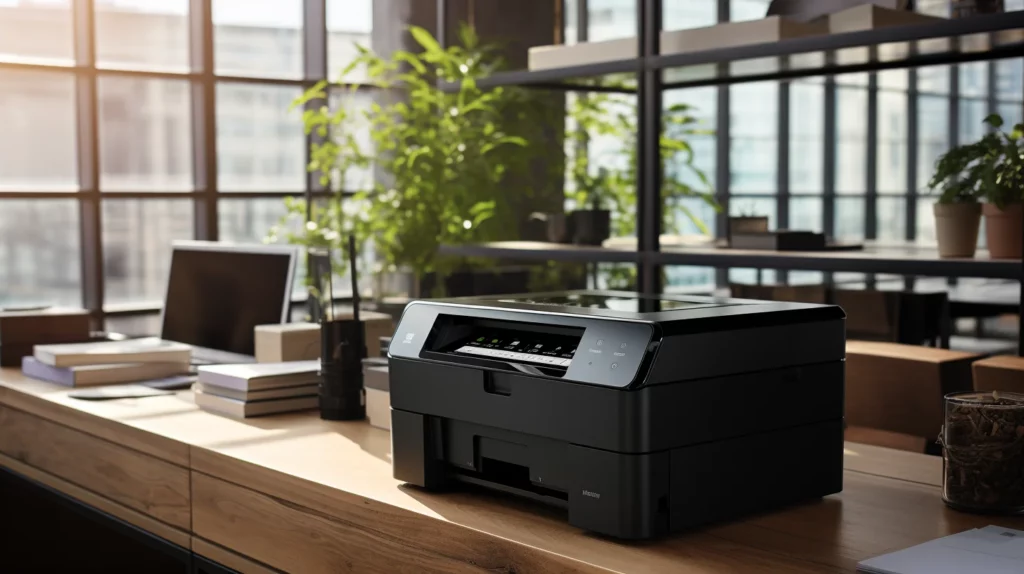 Een zwarte printer in een modern kantoor