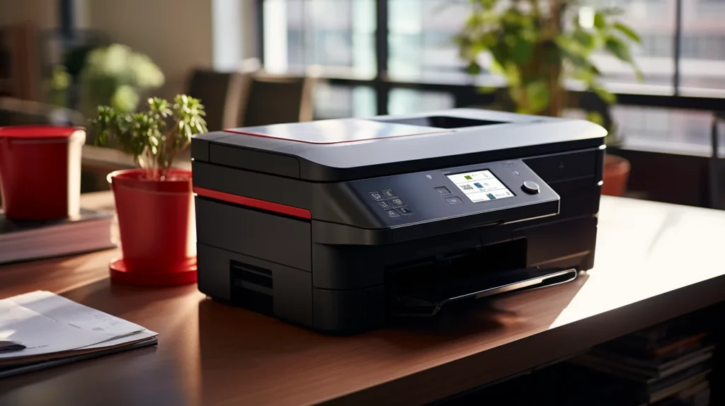 Een zwarte printer op een bureau.