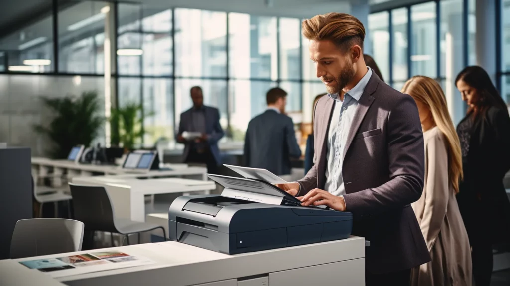 Een kantoormedewerker die zijn prints aan het bekijken is naast de gedeelde printer