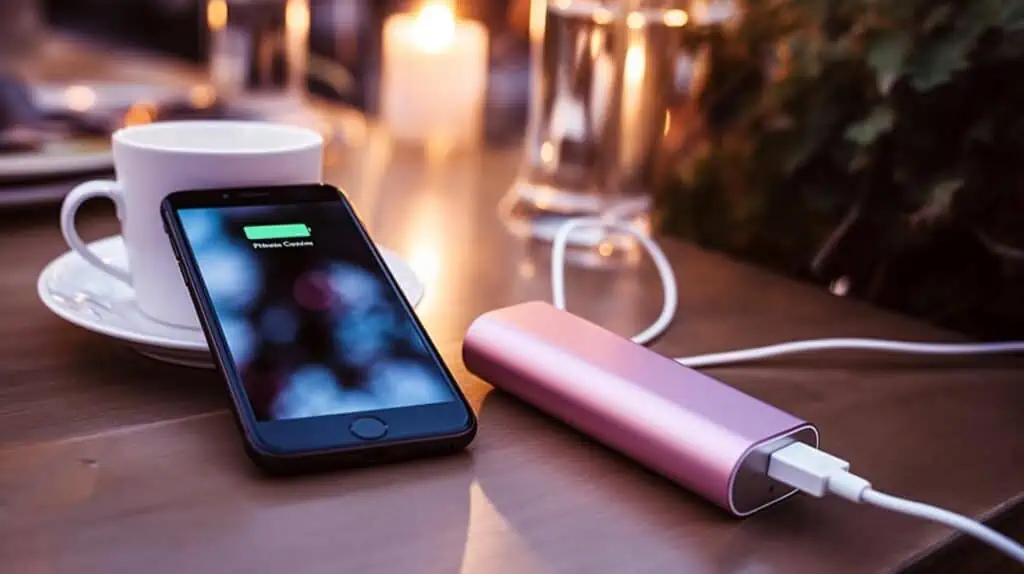 Roze powerbank laadt een iPhone op