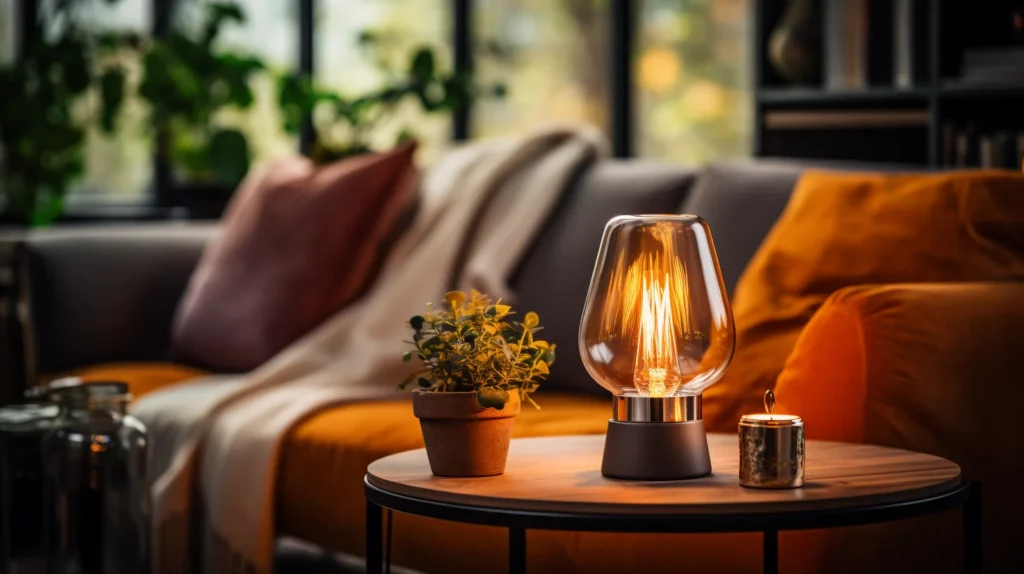een staande lamp in woonkamer met een filament lamp