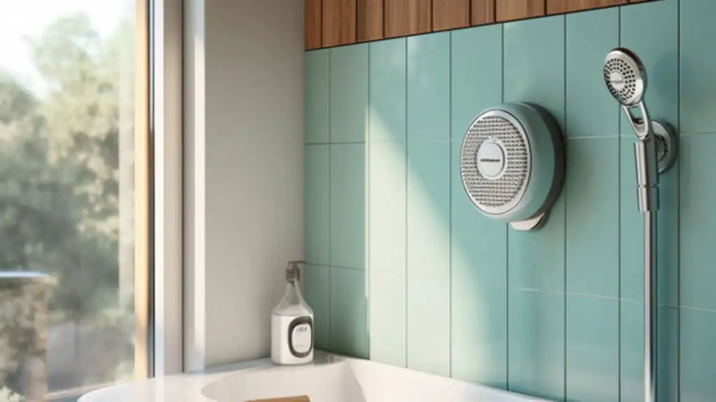 Een doucheradio hangend bij een badkuip.