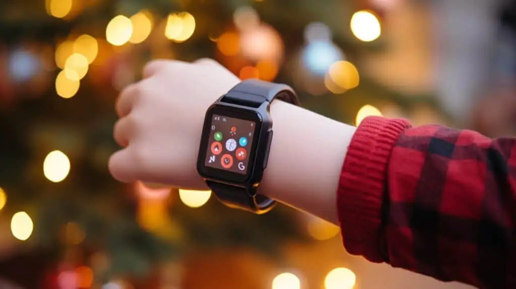 Een smartwatch om de pols van een kind voor een kerstboom
