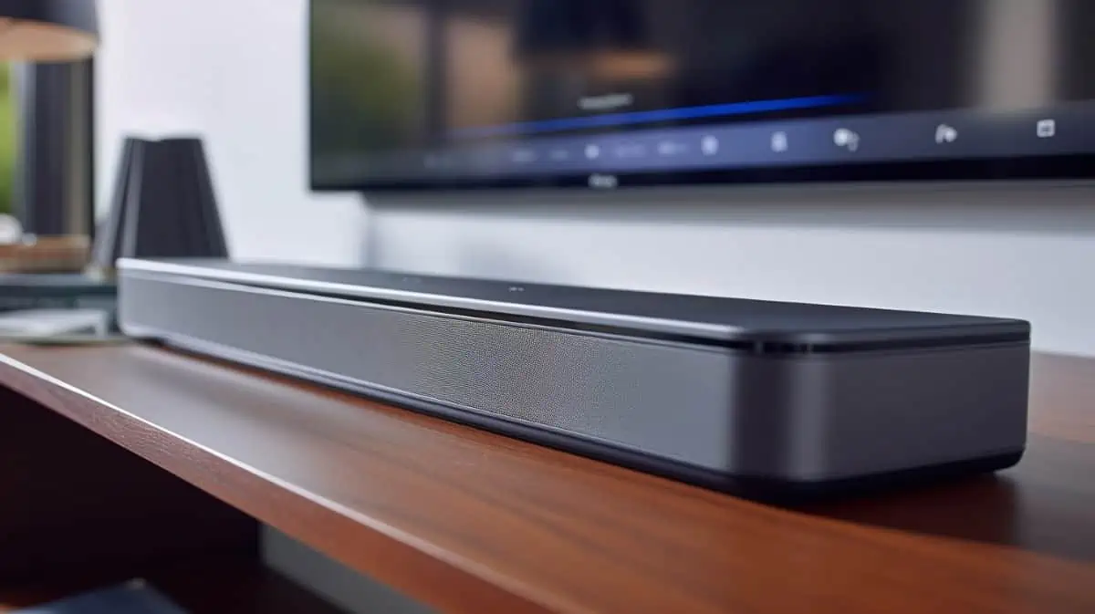 Soundbar closeup op een houten tv tafeltje