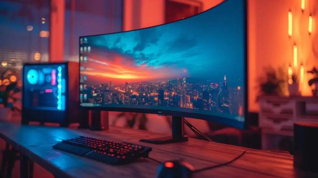 Curved monitor op een bureau in een met rood verlichte kamer