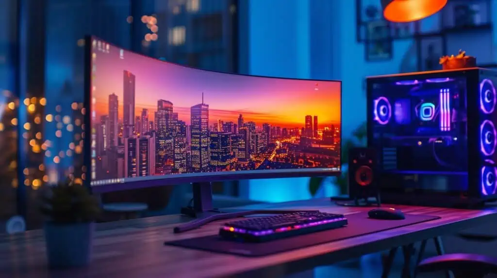 Curved monitor op een bureau in een ruimte verlicht door RGB verlichting met een pc ernaast