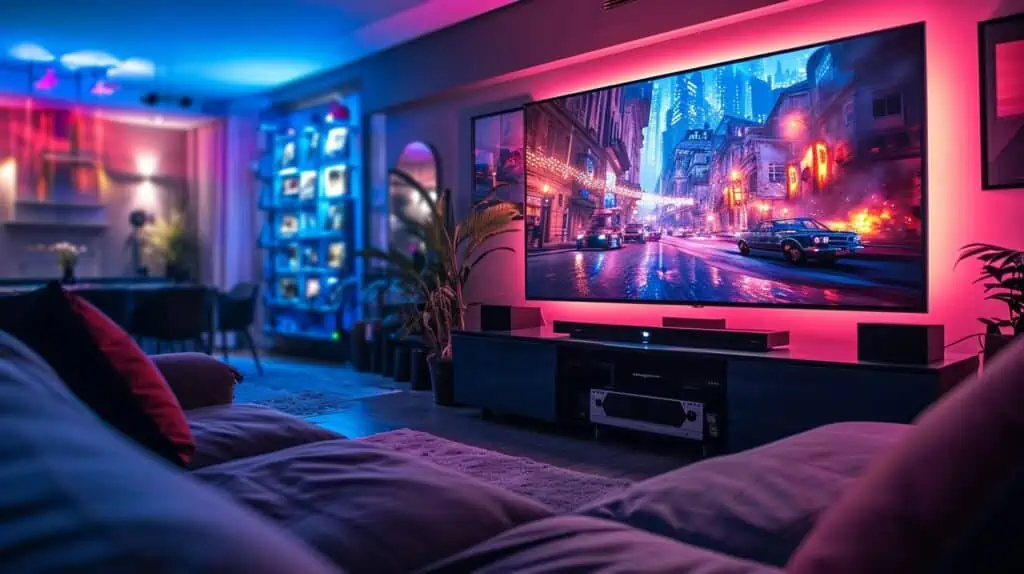 Een 85 inch tv in een RGB-verlichte homecinema