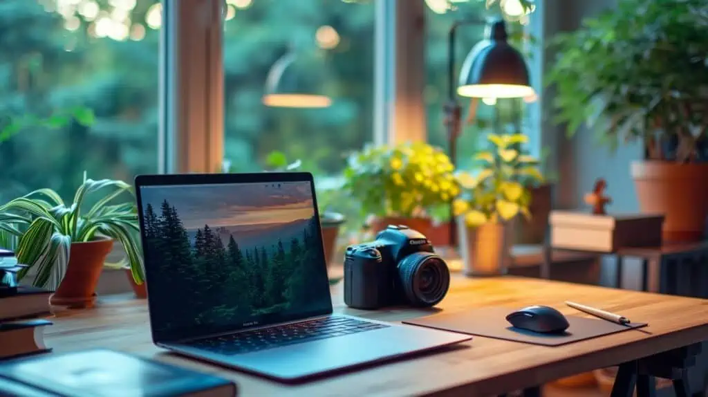 Een MacBook Pro met een digitale camera ernaast op een houten bureau