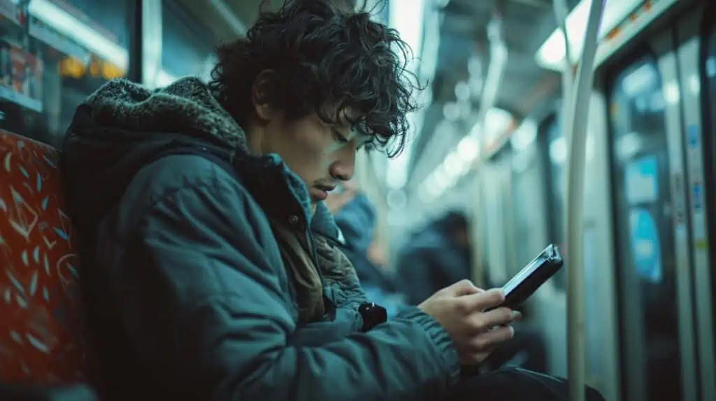 Een aziatische man in een blauwe jas kijkt naar een vouwbare 8 inch tablet