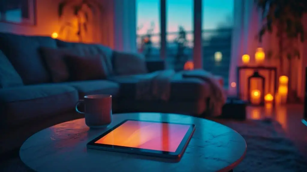 Een iPad ligt op een tafel bij een grote bank met een groot raam daarachter