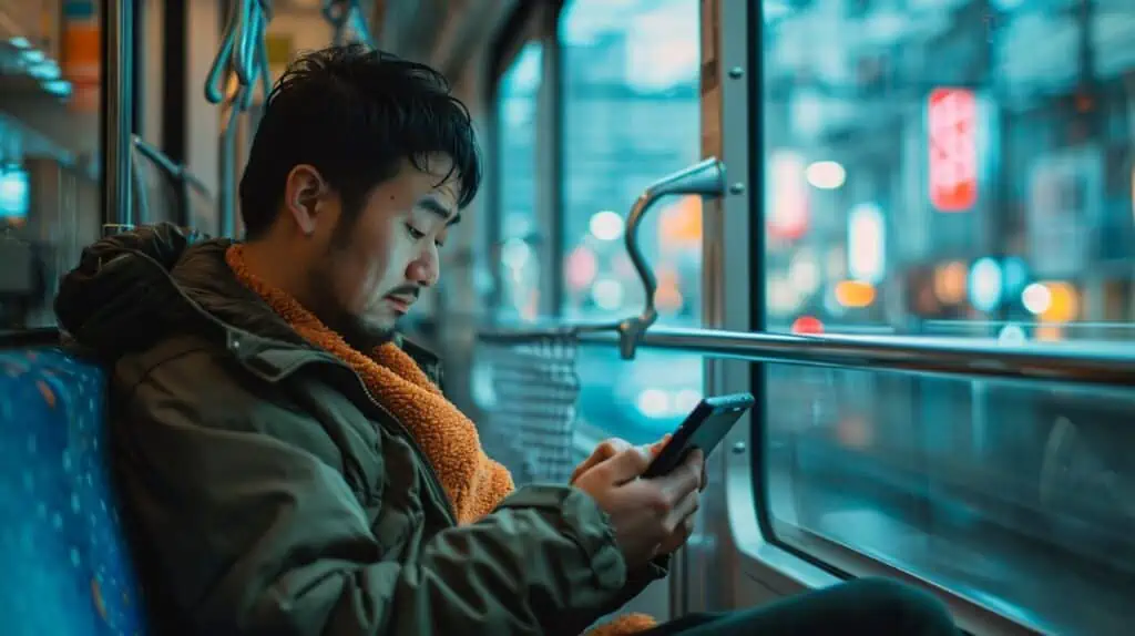Een man met een groene jas zit in een trein en kijkt naar een kleine tablet