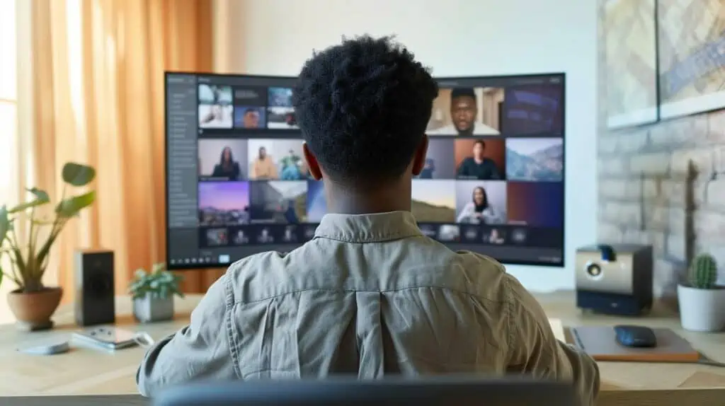 Een man werkt aan een video op een curved monitor
