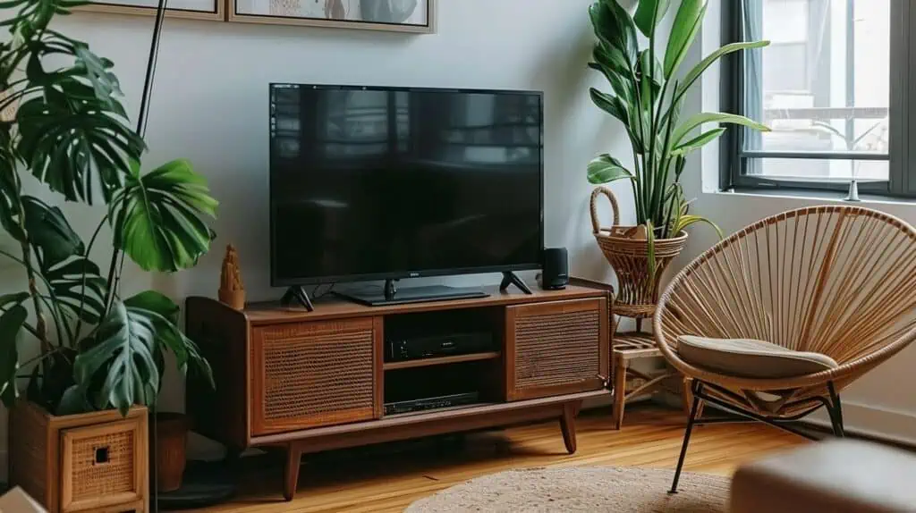 Een tv die uitstaat op een boheemse tv-kast met planten en een stoel eromheen