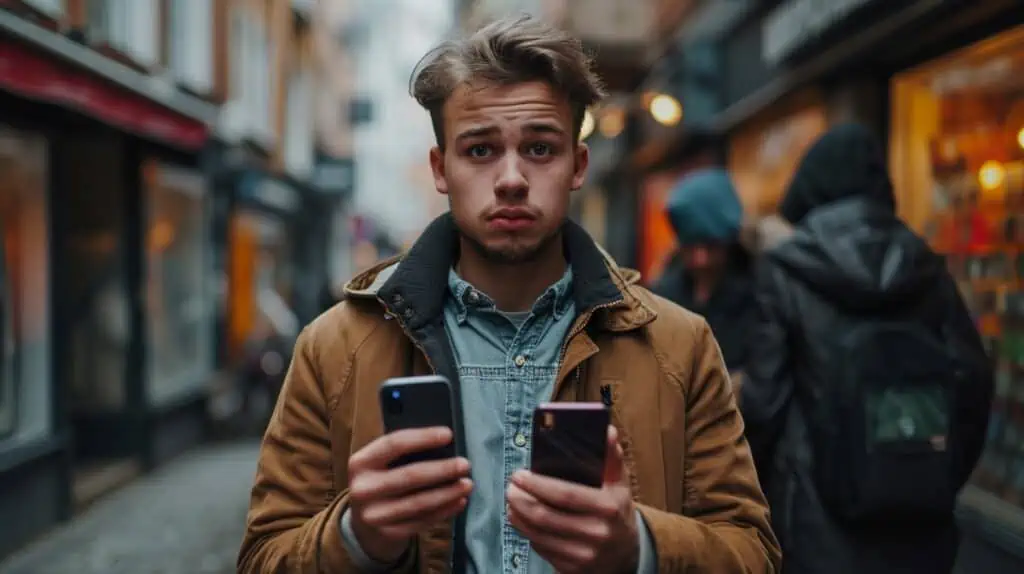 Een verwarde jongen houdt twee kleine smartphones vast terwijl hij in de camera kijkt