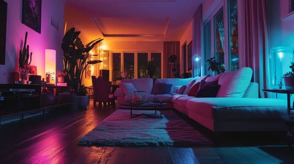 Een woonkamer verlicht door slimme verlichting in de nacht