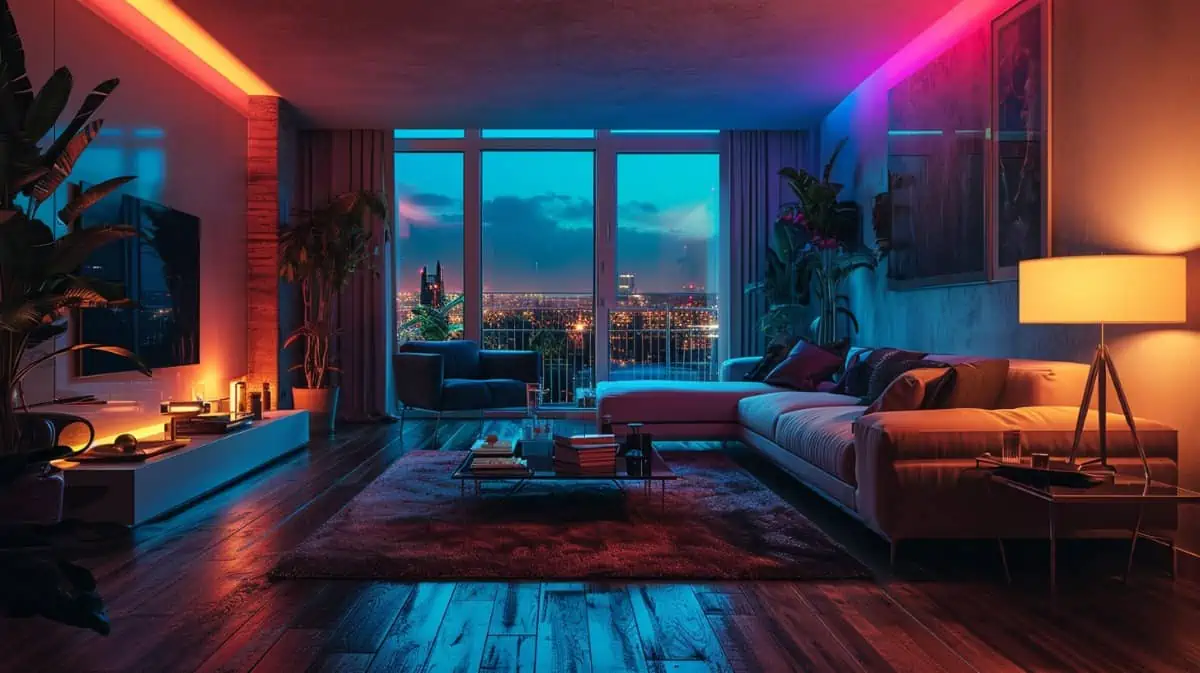 Een woonkamer verlicht door slimme verlichting met uitzicht op de stad in de nacht