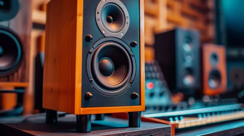 Houten speaker in een muziekstudio closeup