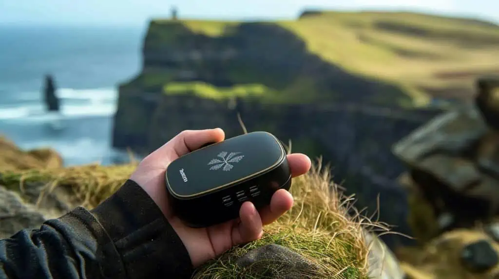 Iemand houdt een 4G-router vast in zijn hand bij een cliff aan de oceaan