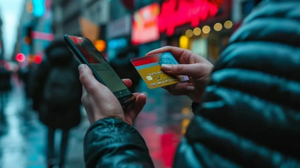 Iemand houdt een smartphone en credit card vast op straat