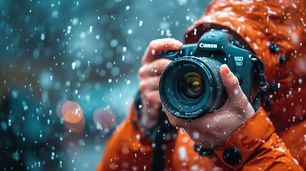 Iemand in een oranje jas maakt een foto met een Canon camera in de sneeuw
