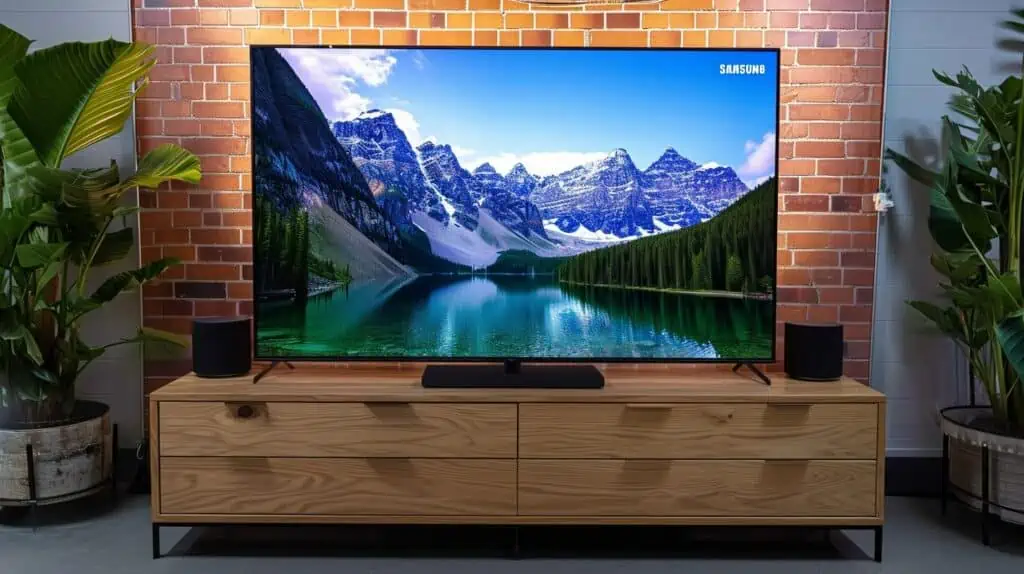 Samsung tv op een houten tv kast met wat planten eromheen