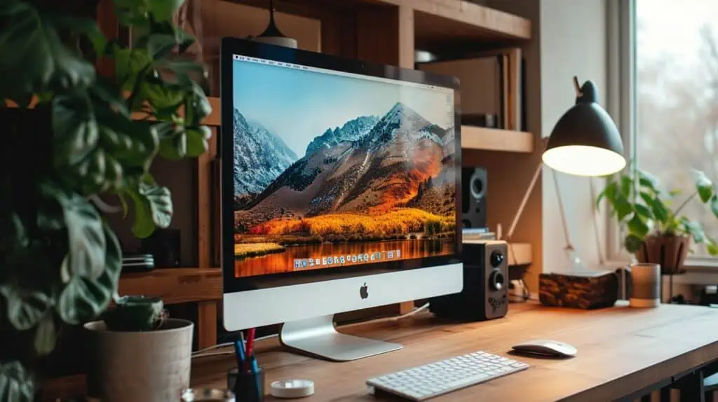 iMac op een houten bureau naast een raam