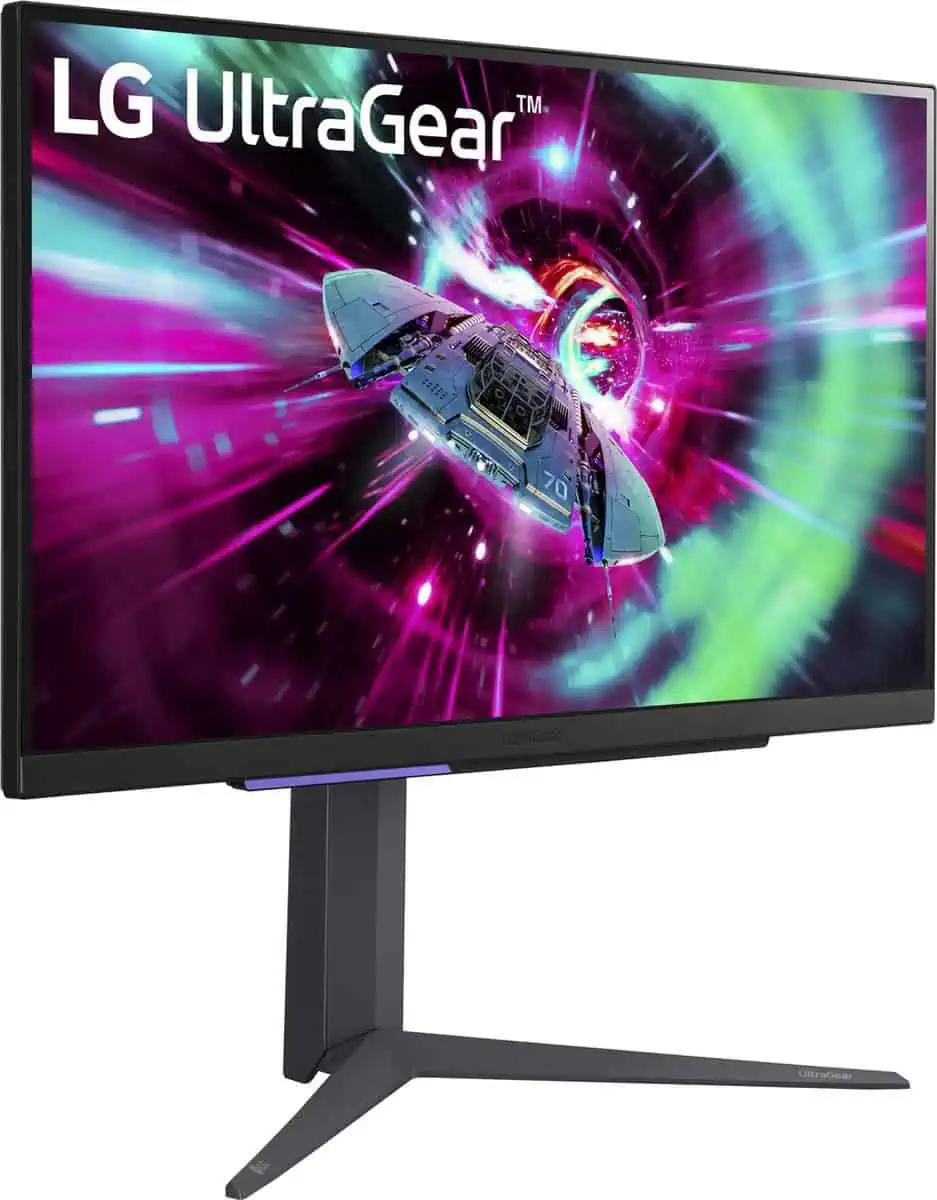 LG monitor met groen/paarse achtergrond, vooraanzicht, schuin