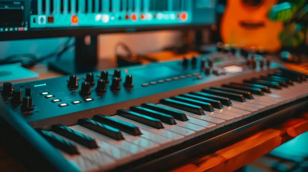 Een MIDI keyboard op een houten bureau voor een monitor