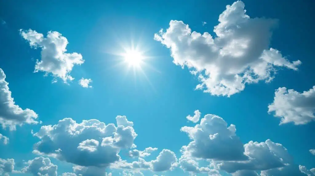 Een blauwe lucht met de zon en wat wolken die langsdrijven