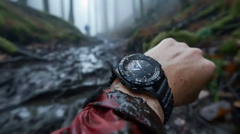 Een closeup van een horloge gedragen in een regenbui in een modderig bos
