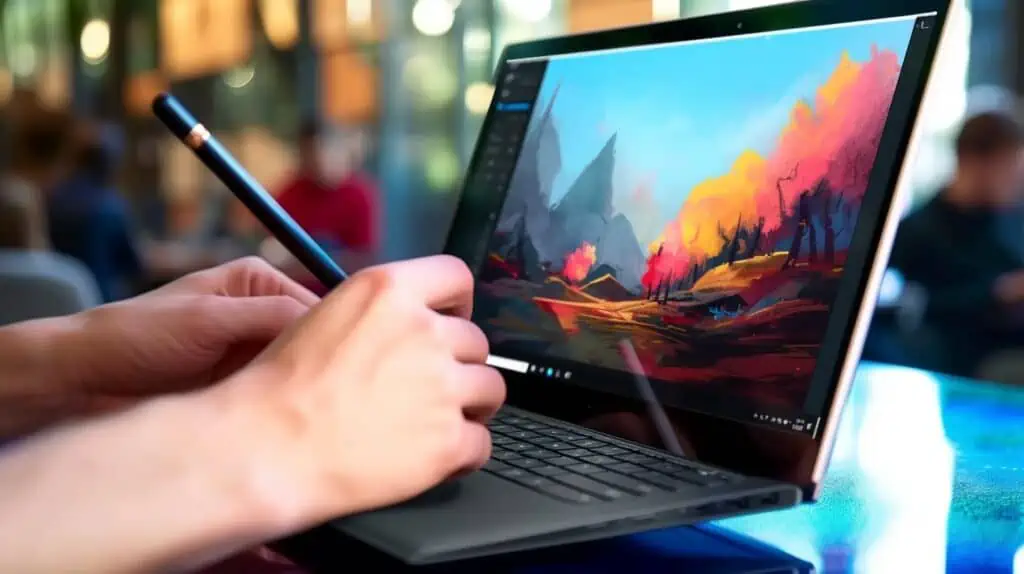 Een digitaal schilderij op een laptop met een touchscreen waar iemand een stylus bij vasthoudt