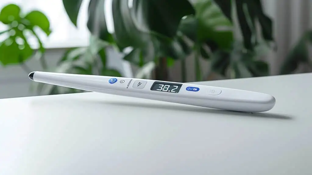 Een digitale thermometer op een witte tafel met 38.2 C erop