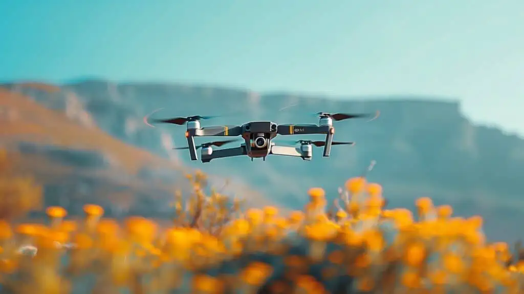Een drone vliegt boven een bloemenbed