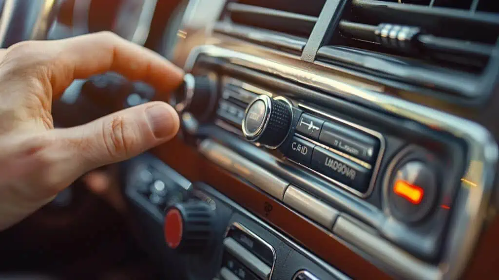 Een hand die een radio in een auto instelt