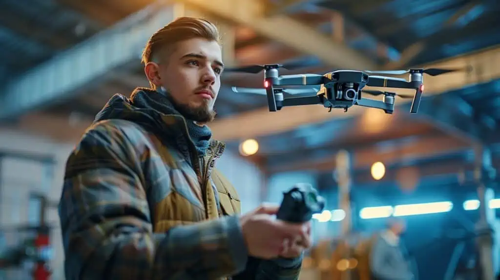 Een jonge man bestuurt een drone de voor hem vliegt