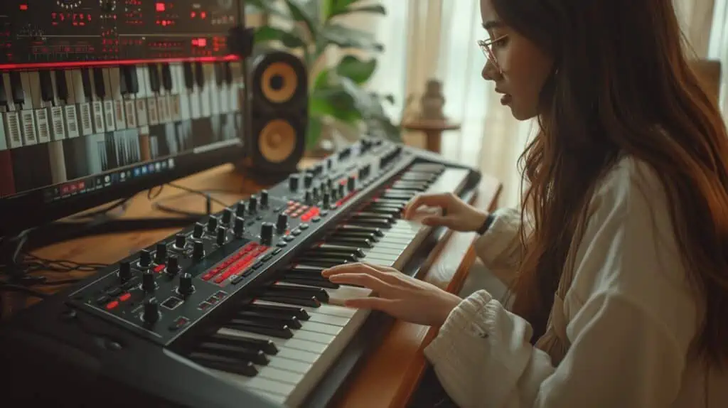Een jonge vrouw speelt op een groot MIDI-keyboard dat op haar bureau staat