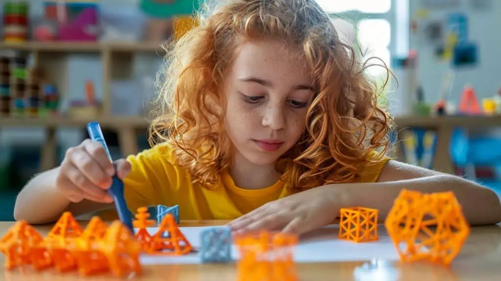 Een kind met rossige krullen maakt allerlei vormen met een 3D pen