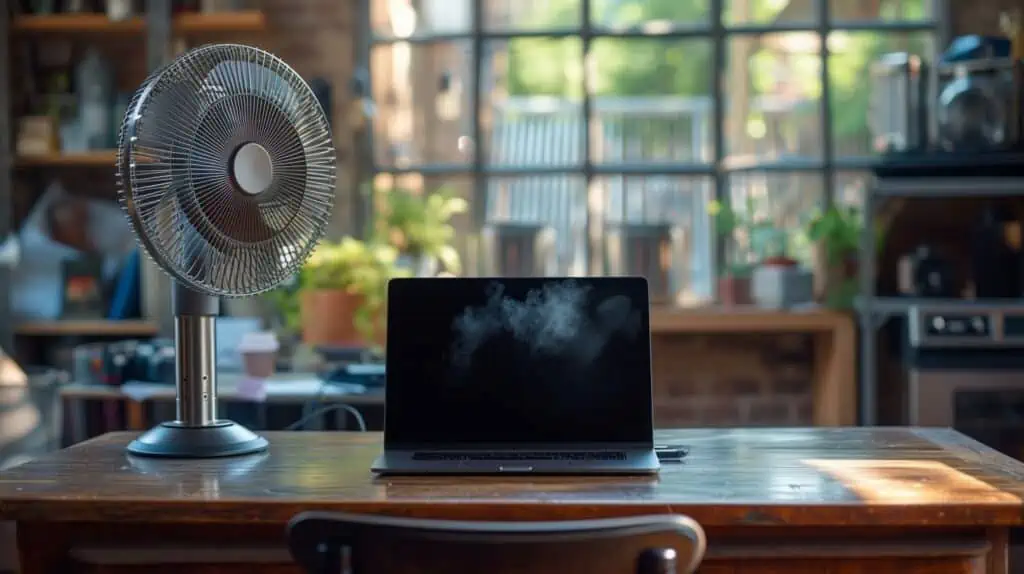 Een kleine ventilator naast een MacBook op een houten bureau met rook als screensaver