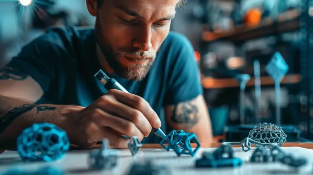Een man maakt met een 3D pen allerlei ontwerpen op een tafel