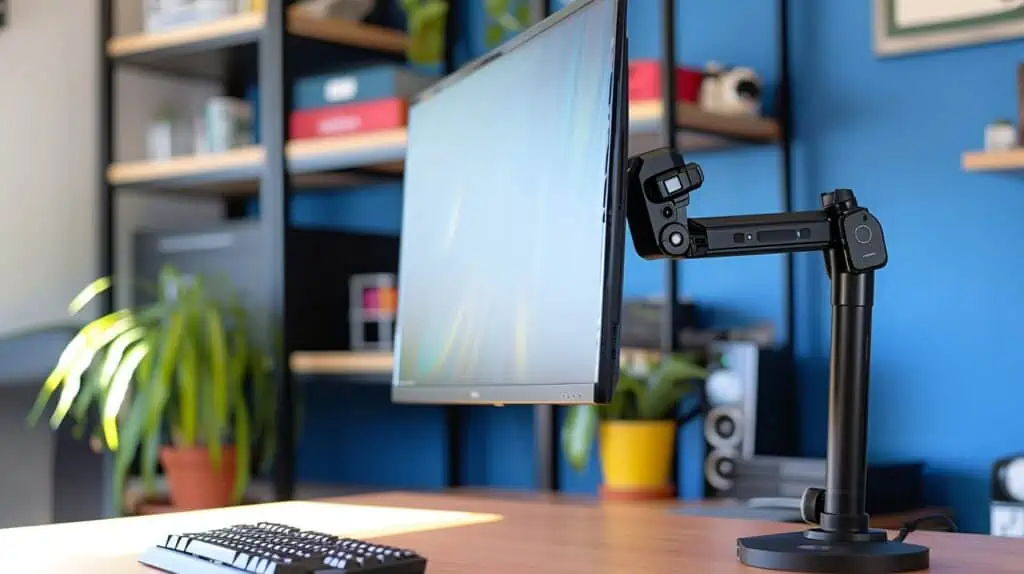 Een monitor hangt aan een vrijstaande monitorarm op een houten bureau