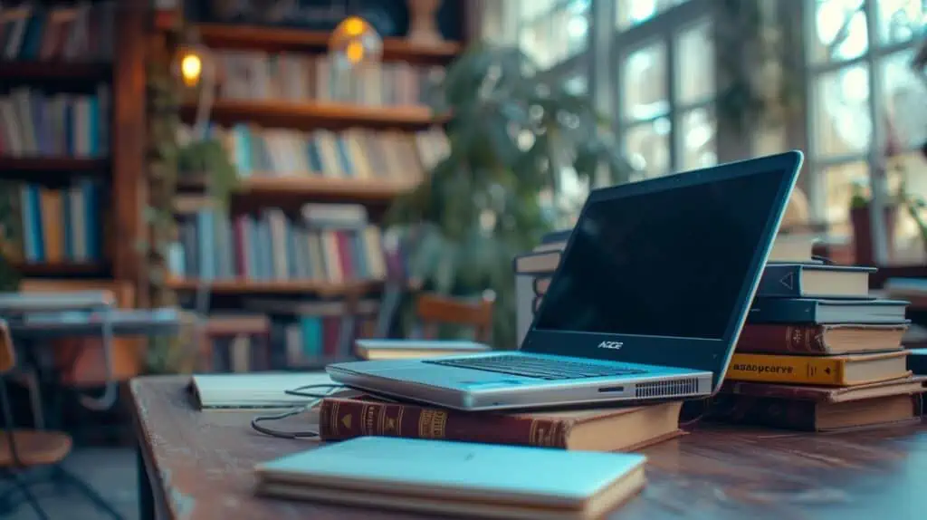 Een oude Acer-laptop op een boek met meer boeken erachter