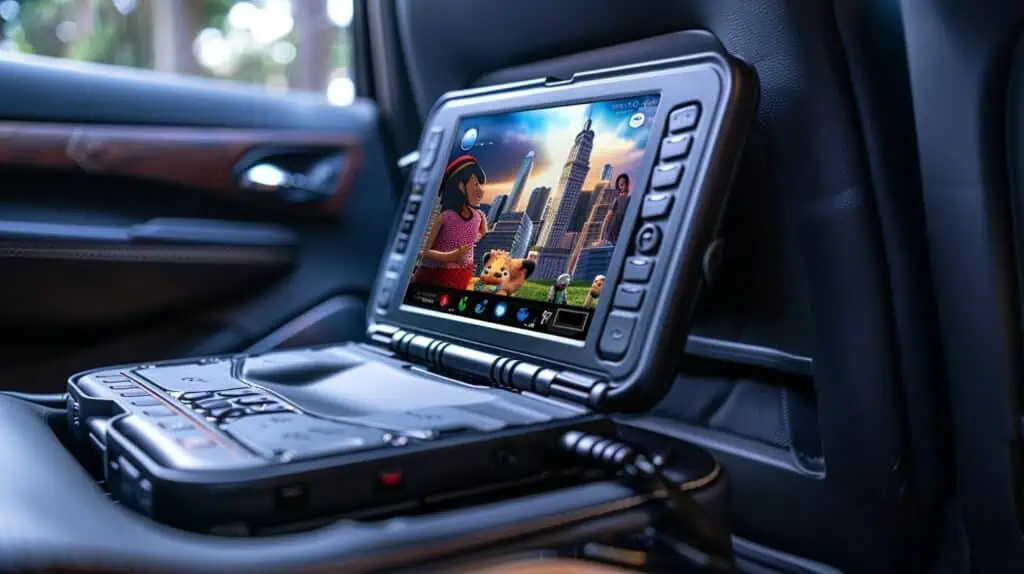 Een portable dvd speler achter een autostoel in een auto